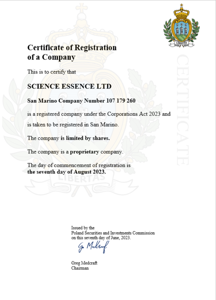 San Marino business registration certificate Word and PDF template
